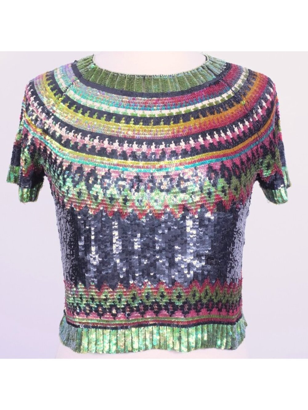 Jean Paul Gaultier 1999 top F38 US 8 sequin Fair Isle sweater blouse vintage